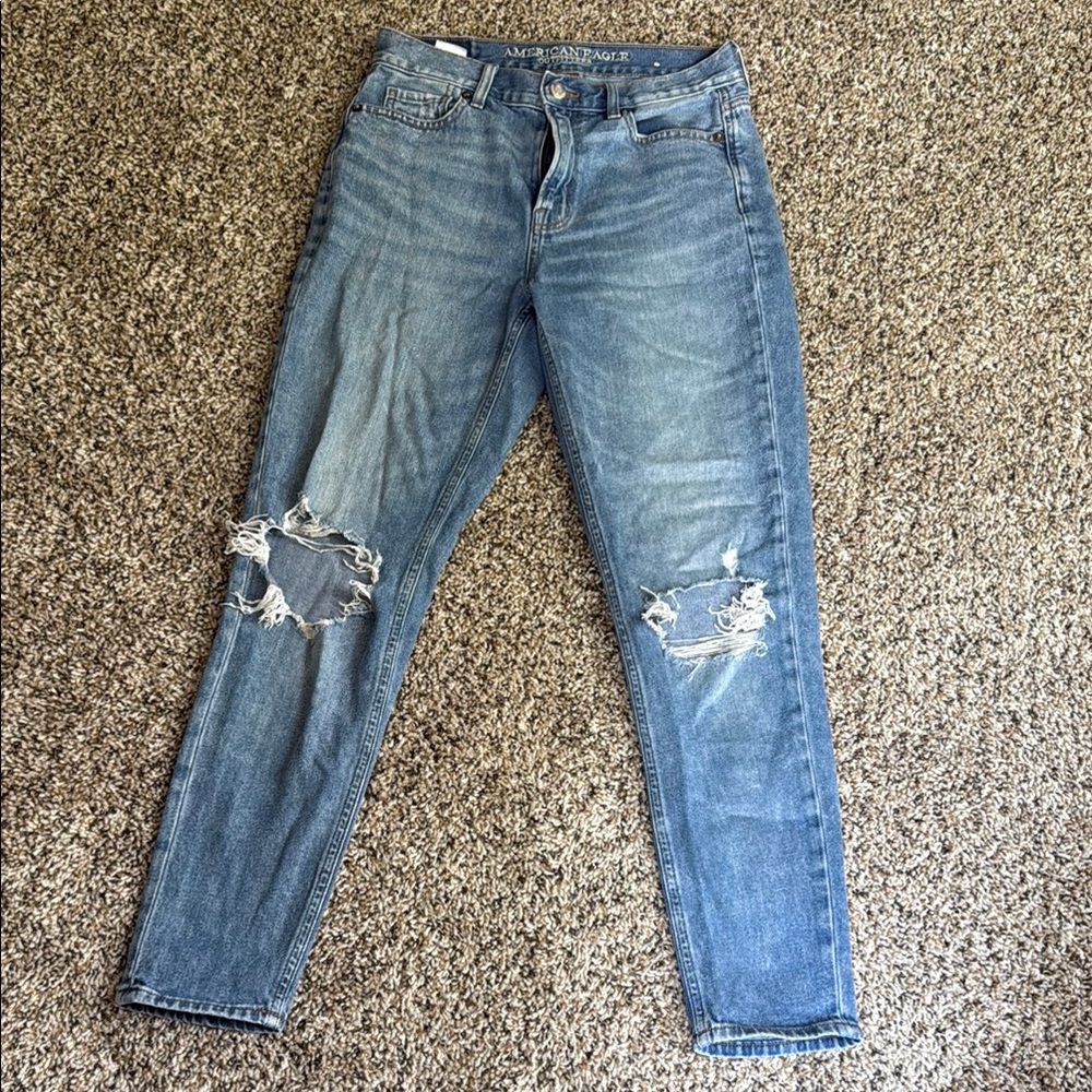 American Eagle Outfitters Blue Mom Jean with Distressed Details